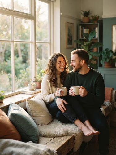 A couple sitting together on a sunlit window bench, sharing a quiet laugh over coffee, warm diffused golden-hour light, shallow depth of field, muted teal tones