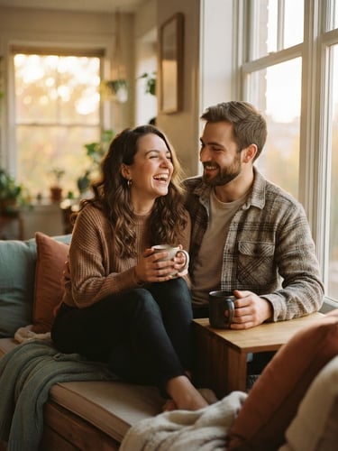 A couple sitting on a bright window bench at golden hour, sharing a quiet laugh over coffee, warm diffused light, shallow depth of field, 35mm film aesthetic