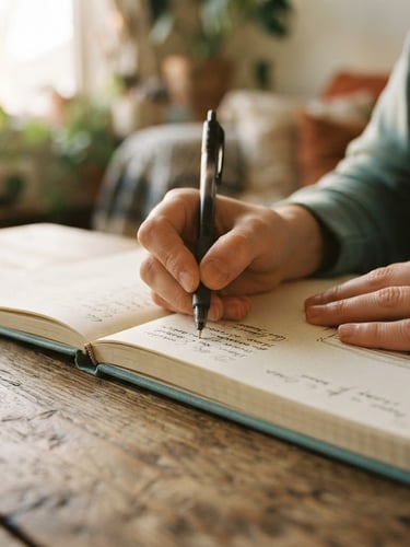 Intimate close-up of hands writing in a structured journal on a wooden table, warm golden hour window light casting soft shadows, shallow depth of field, 35mm film aesthetic, calm muted teal tones.