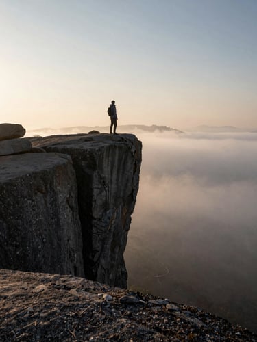 A solitary figure standing on a sheer granite cliff edge at sunrise, looking out over a vast sea of fog, high-contrast chiaroscuro lighting, deep shadows.