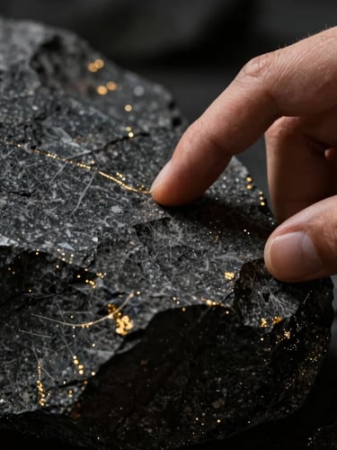Macro detail of a hand interacting with a raw, dark basalt stone texture. High-contrast chiaroscuro lighting, deep shadows, gold highlights.