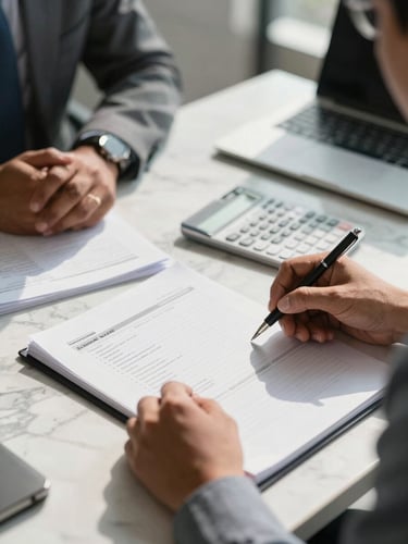 Close-up of a professional advisory consultation in a sunlit Indian corporate office, focusing on structured financial planning documents on a marble desk.