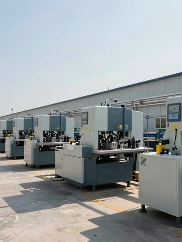 Wide-angle environmental photograph of an active Indian manufacturing facility, modern machinery in bright daylight, generous negative space, high-contrast shadows.