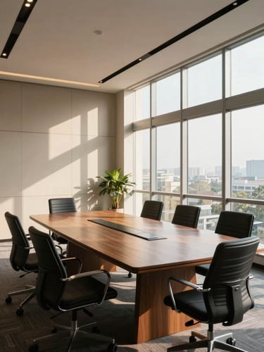 Wide environmental shot of a modern Indian corporate office boardroom, warm natural daylight streaming through large windows, architectural details, highly professional atmosphere.