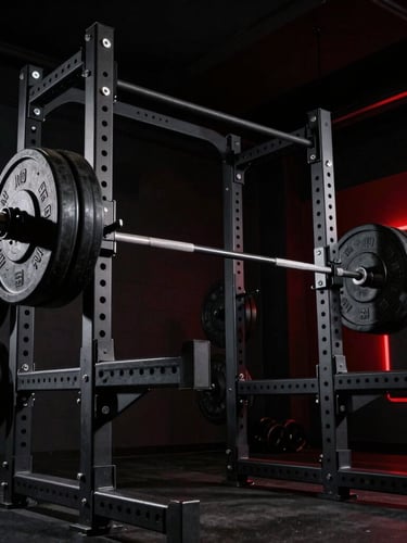 Low-angle heroic shot of a clean, dark-aesthetic power rack under dramatic side lighting, knurled steel barbell loaded with heavy black plates, subtle red neon glow in the background, 35mm lens.