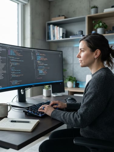 Environmental portrait of a female author in a modern, clean workspace, natural daylight, focused on a monitor displaying code, cool gray tones with subtle electric blue accents.