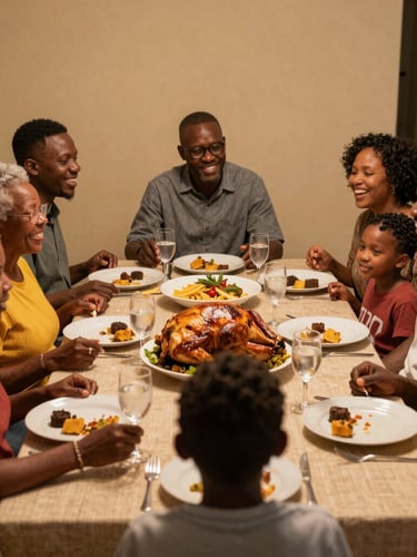 Family gathering for thanksgiving discussing financial and retirement options