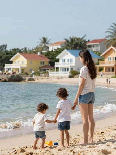 A single parent enjoying beach time with her kids after securing a customized health insurance plan