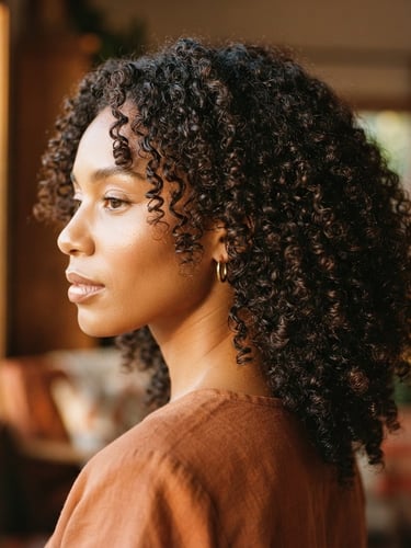 Close-up portrait of a Black woman with highly defined, healthy natural coils, soft golden-hour window light, rich saturated earth tones, shallow depth of field, 35mm, her face turned slightly away, showcasing the texture of her hair.