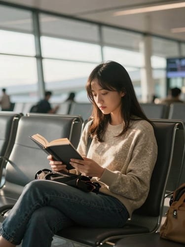 A calm traveler reading peacefully at an airport gate, warm natural light filtering through large windows, shallow depth of field, soft focus on the background.