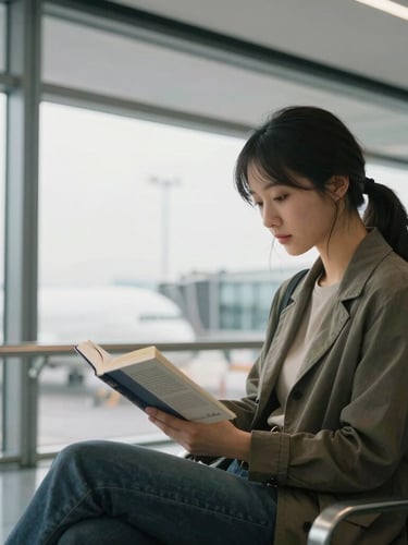 A peaceful traveler reading a book near a large window at an airport terminal, soft morning light, clean lines, shallow depth of field