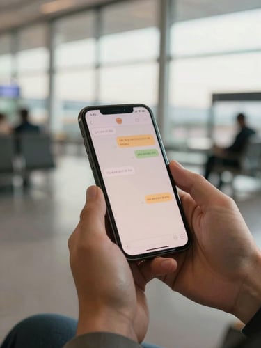 Close-up of hands holding a smartphone displaying a warm, reassuring text conversation, soft morning light filtering through an airport lounge window, shallow depth of field, premium editorial feel.