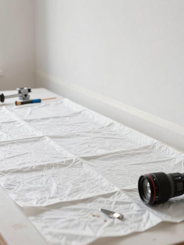 A professional painter's clean workspace showing neatly laid drop cloths, crisp taped lines on a wall, and organized tools under bright natural light