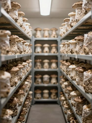 Wide shot of a modern, clean mushroom growing room, climate-controlled environment, organized racks of grow bags, soft diffused daylight, no messy clutter, 35mm