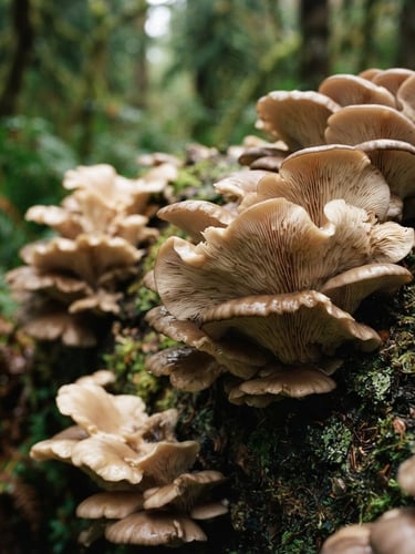 Close-up of pristine, velvety oyster mushroom clusters, soft diffused daylight, shallow depth of field, earthy brown and forest green tones, 35mm