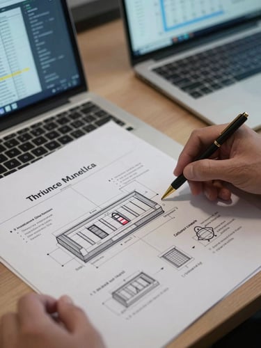 Close overhead shot of a desk with printed threat model diagrams and a laptop screen displaying data correlation graphs, cool ambient office light, a hand mid-gesture over the documents, shallow depth-of-field isolating the annotated architecture sketch