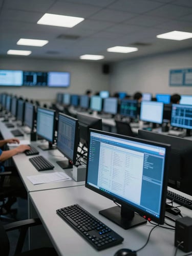 Wide-angle view of a network operations center from the side, banks of monitoring screens casting cool blue light across a row of empty workstations, overhead fluorescent ambient light, shallow depth-of-field isolating a single active terminal in the foreground