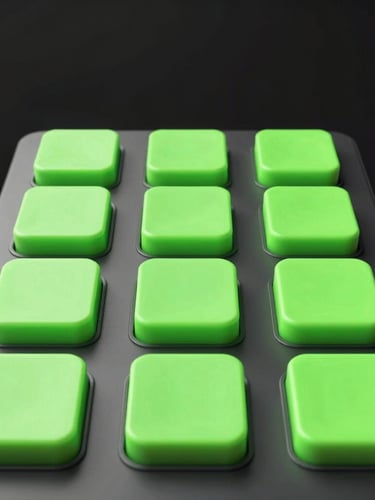 Sleek 3D render of a tactile system dashboard, neon green toggles, front-on macro view, dark background, high-contrast studio lighting