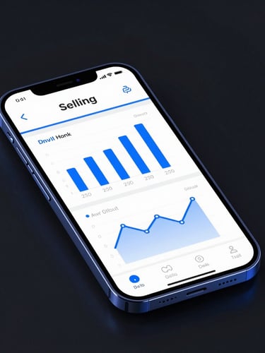 Sleek 3D render of a clean mobile UI interface showing offline data charts, vibrant electric blue accents, high-contrast dark background