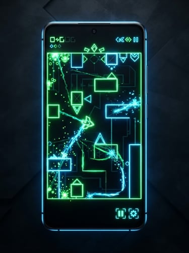 Sleek 3D render of a modern Android phone, front-on alignment, displaying a vibrant neon green casual arcade game interface on screen. Deep charcoal background, electric blue edge-glows, high-contrast studio lighting.