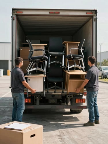Environmental wide shot of workers loading stacked office chairs and desks onto a truck through open warehouse bay doors, natural midday light casting hard shadows on concrete floor, clipboard visible on foreground crate