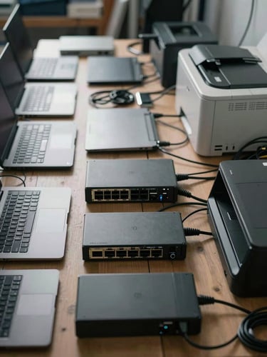 Close-up overhead shot of used office equipment laid out on warehouse floor for assessment — laptops, network switches, a printer, and loose cables arranged in rows under fluorescent warehouse light