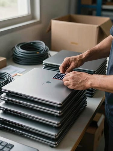 Close environmental shot inside a warehouse, hands of a worker checking serial numbers on stacked laptops laid out on a table, natural daylight from a side window, cardboard boxes and cable bundles visible in background, documentary framing
