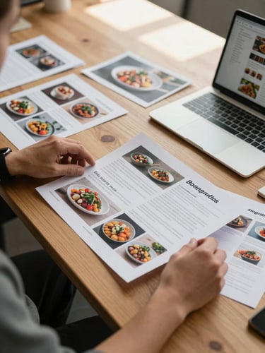 Close-up overhead view of a long wooden agency table, hands arranging printed content mockups and printed photographs of food, a laptop open to one side showing social media layouts, natural daylight from a skylight above, planning materials spread across the surface
