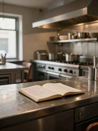 Wide interior shot of an artisanal restaurant kitchen in off-hours, warm tungsten light spilling from behind stainless counters, a single notebook open on the pass with handwritten notes, natural window light entering from the left, no people, calm and still