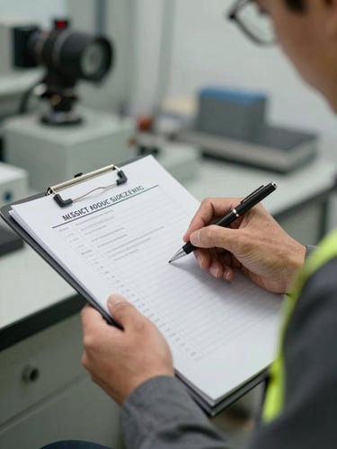 Close-up of a safety inspector's hands holding a clipboard with a printed checklist, pen mid-annotation, industrial workstation blurred in background, natural overcast daylight, tight environmental frame
