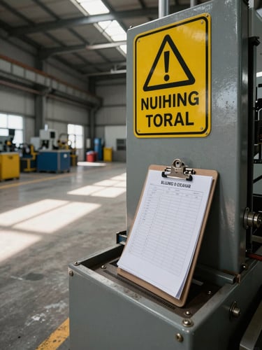 Wide environmental shot inside an Argentine industrial facility — overhead fluorescent lighting casting sharp shadows on a concrete floor, safety signage mounted on a steel column, a clipboard with a printed checklist resting against a machine housing in the foreground, no people, mid-operation stillness