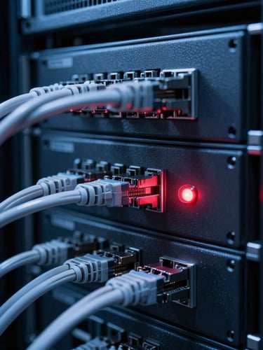 Macro shot of a dark server rack console with a glowing red status light, clean structured Ethernet cables, cool blue technical lighting, blueprint aesthetic