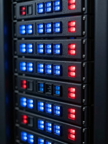 Macro shot of physical server rack status lights glowing with cool blue and sharp red indicators, clean technical environment.