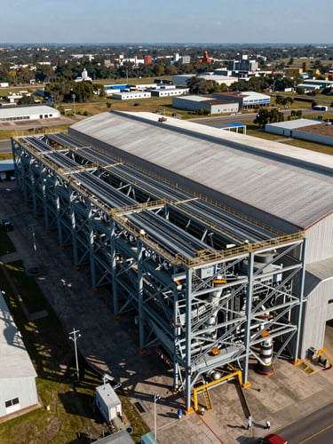 Vista aérea de la estructura metálica de una nave industrial en Escobar, mostrando la disposición de las correas y pórticos de alma llena bajo luz natural.