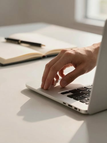 Hand reaching into frame to adjust the hinge of a laptop open on a clean desk, warm daylight from a window at the right edge, focus on the hand and keyboard surface, shallow depth showing a notebook and pen softly out of focus in the background