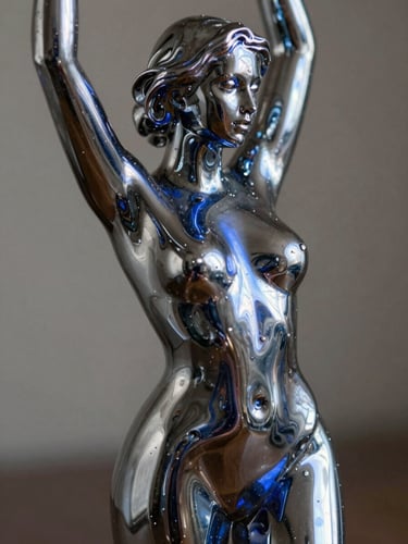 Macro shot of a highly reflective dark chrome fluid sculpture, sharp side lighting, deep shadows, electric cobalt highlights, ultra-sharp details.