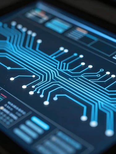 Extreme close-up of a dark, reflective glass UI interface, glowing blue circuit paths trace across structured technical data, low-key side-lighting, sharp highlights