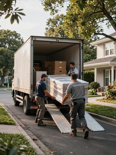 Wide environmental shot, moving truck backed up to the open door of a residential home on a tree-lined street, daylight, two workers in work gear transferring a wrapped piece of furniture up the ramp, truck interior visible with stacked boxes, natural morning light