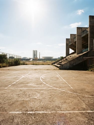 Raw urban photography of a public concrete sports court in Brasília, harsh midday sun, high contrast shadows, empty space on the left, 35mm documentary style.