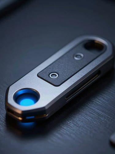 Macro close-up of a physical hardware security key glowing with subtle blue light, resting on a dark brushed metal surface, shallow depth of field