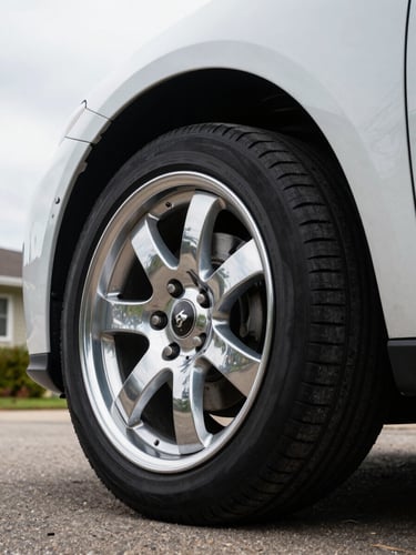 Tight close-up of a polished car wheel arch and tire in bright overcast daylight, tire dressed black, chrome rim reflecting the pale sky, residential driveway edge visible in background