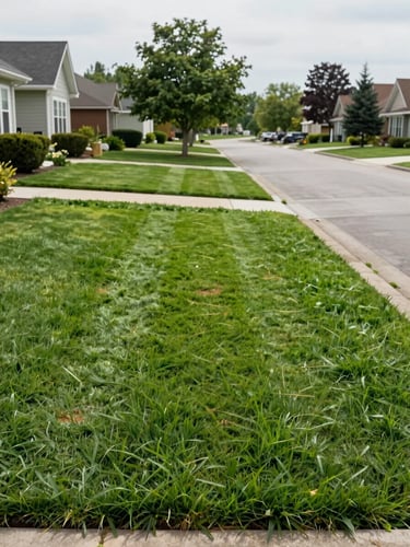 Wide environmental shot from street level — a suburban front lawn freshly mowed in bright overcast daylight, razor-straight mow lines receding toward a house, grass edges crisp against the driveway, no people, no equipment visible