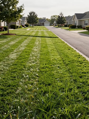 Wide environmental shot of a freshly cut suburban lawn at morning light, sharp parallel mowing lines stretching across the frame, clean driveway edge visible to the right, bright overcast daylight, no people