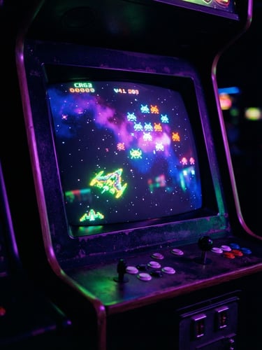 vibrant retro-gaming photography, a glowing vintage arcade cabinet screen in a dark room, neon purple and toxic green ambient light, close-up, 35mm lens