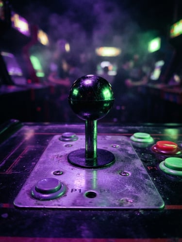 A close-up of a retro arcade joystick glowing under vibrant purple and neon green light, dark smoky background, high contrast, 35mm lens.
