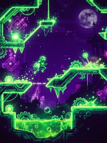 High-contrast screenshot of an indie platformer game, neon-lit toxic green graphics, electric purple background, vibrant arcade aesthetic, 35mm lens