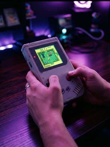 A close-up photograph of a gamer's hands holding a retro handheld console with a glowing green screen, neon purple ambient light reflecting on a dark wood desk, 35mm lens.