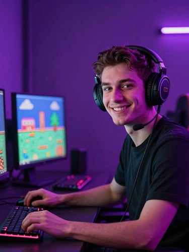 A warm portrait of a smiling Turkish gamer in their late 20s wearing headphones, sitting in front of a glowing monitor with retro pixel art on screen, neon purple ambient light.