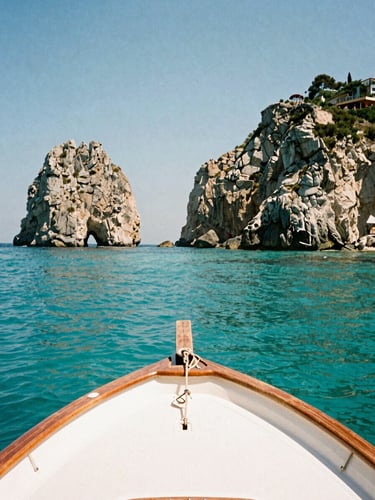 First-person perspective shot from a classic wooden boat bow pointing towards the dramatic coastal cliffs of Tropea, crystal-clear turquoise water under bright Mediterranean midday sun, 35mm film aesthetic.