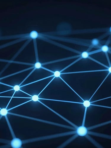 Macro abstract close-up of digital network connections, glowing blue light paths on a dark navy background, representing artificial intelligence integration, cinematic 35mm